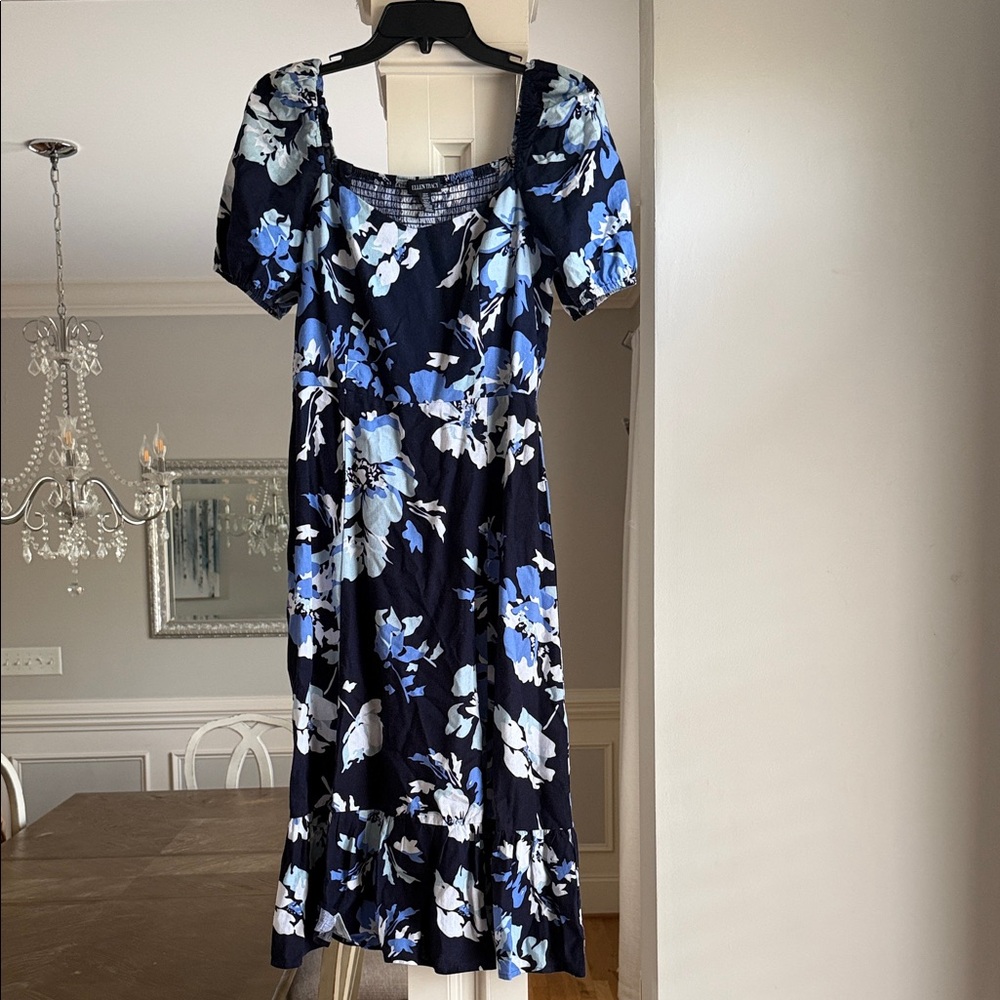 Ellen Tracy Navy Blue and White Floral Midi Dress